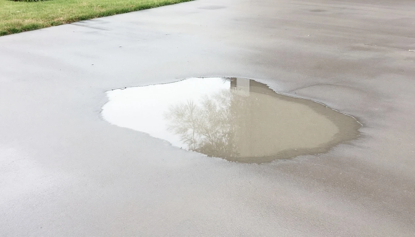 Sealed concrete drive holding shallow puddles beside a green lawn