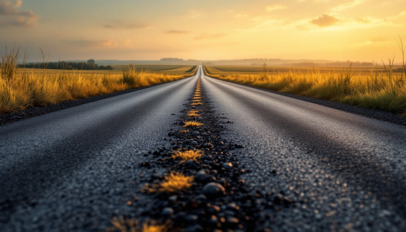 Sealed asphalt lane running between open grassy fields at dusk