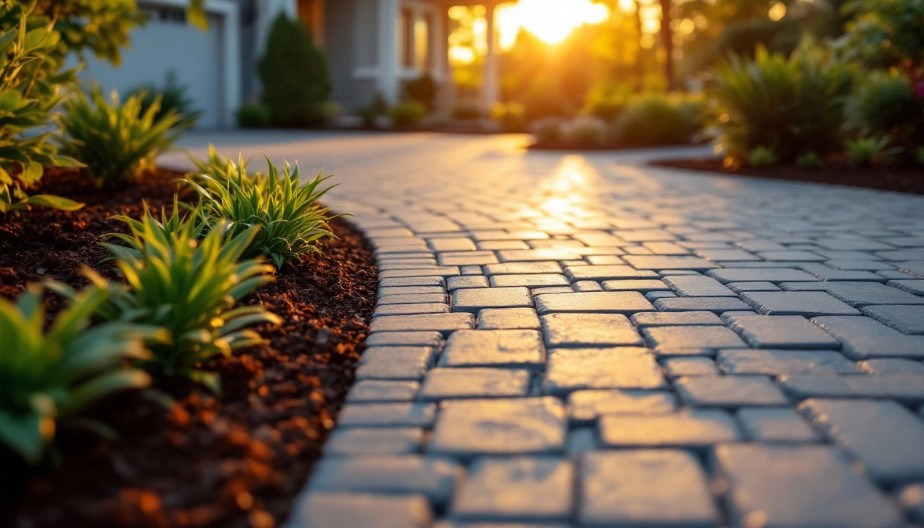Sealed paver driveway bordered by mulched beds and trimmed shrubs