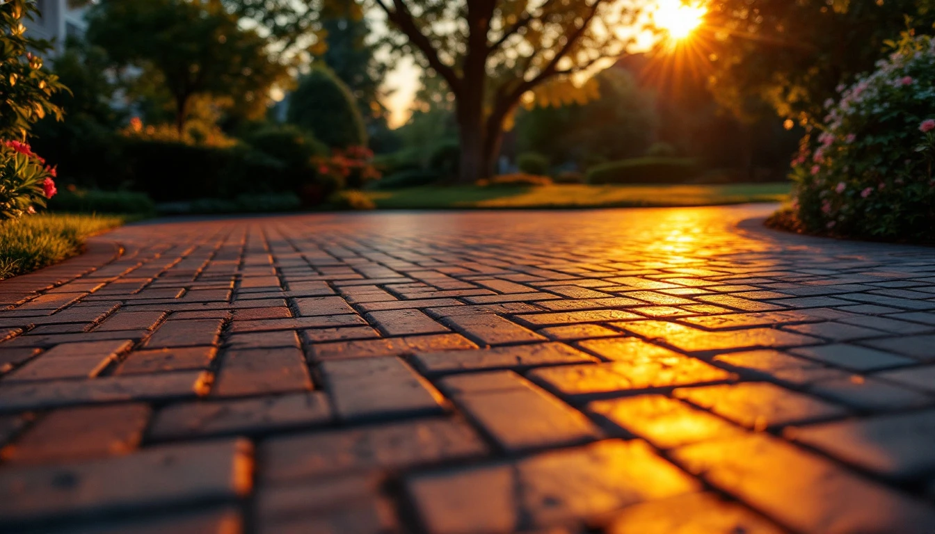 Newly sealed paver drive in warm dusk light