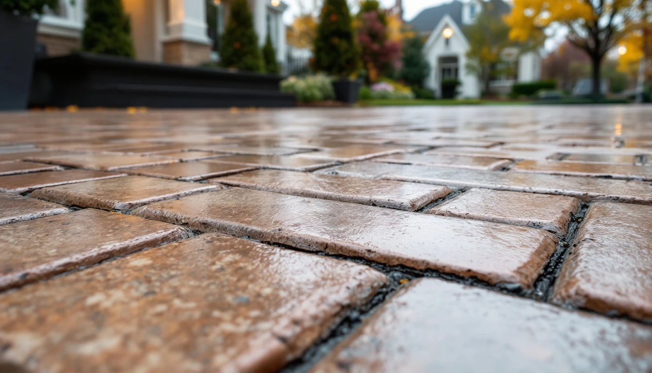 Low view along sealed paver surface beneath overcast sky