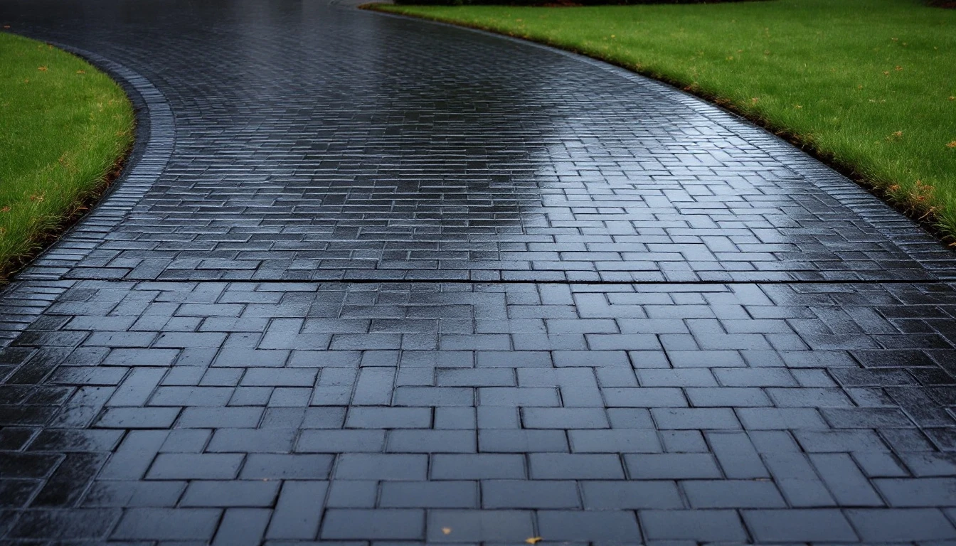 Rain darkened sealed paver driveway viewed from above beside a lawn