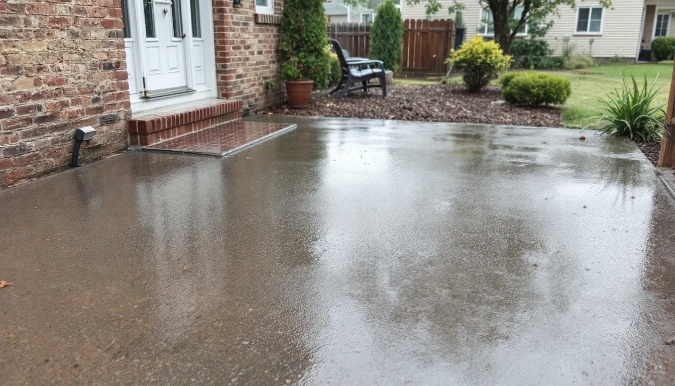 Sealed concrete slab still damp after a light rain shower