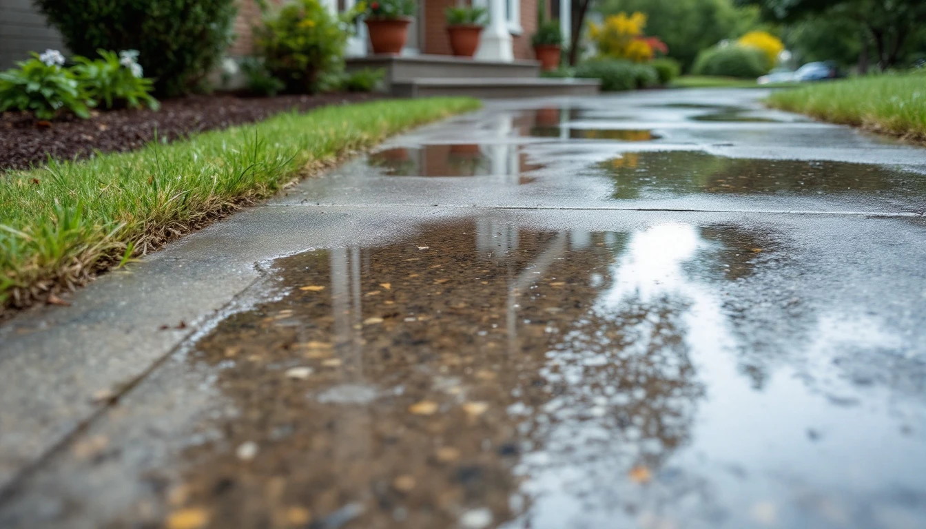 Sealed concrete frontage glistening with shallow puddles after rain
