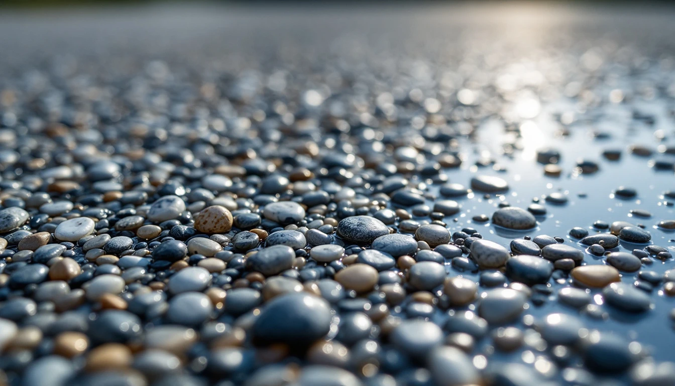 Permeable resin bound pebbles forming a seamless modern surface