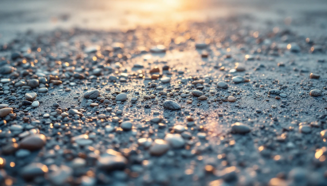Small pebbles revealed in washed concrete catching warm evening light