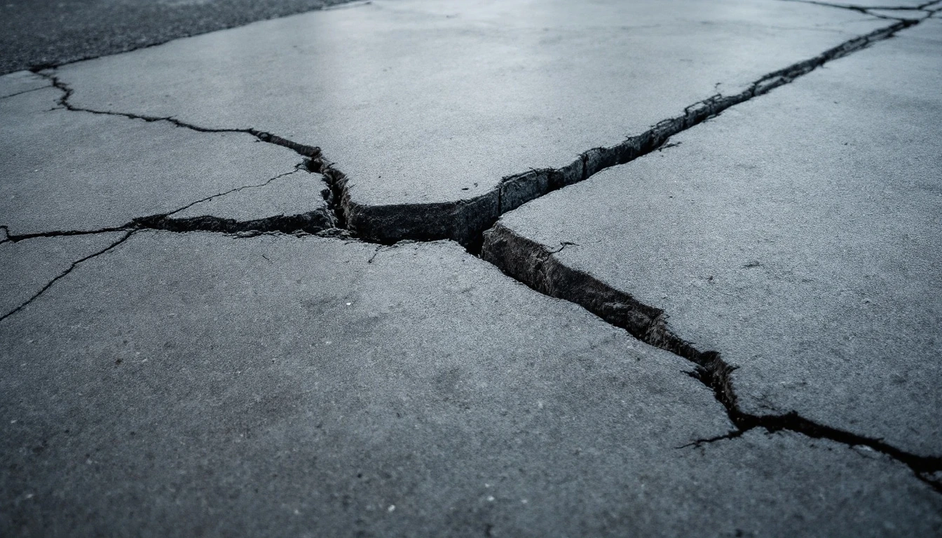 Settled slab with deep cracks and a broken corner
