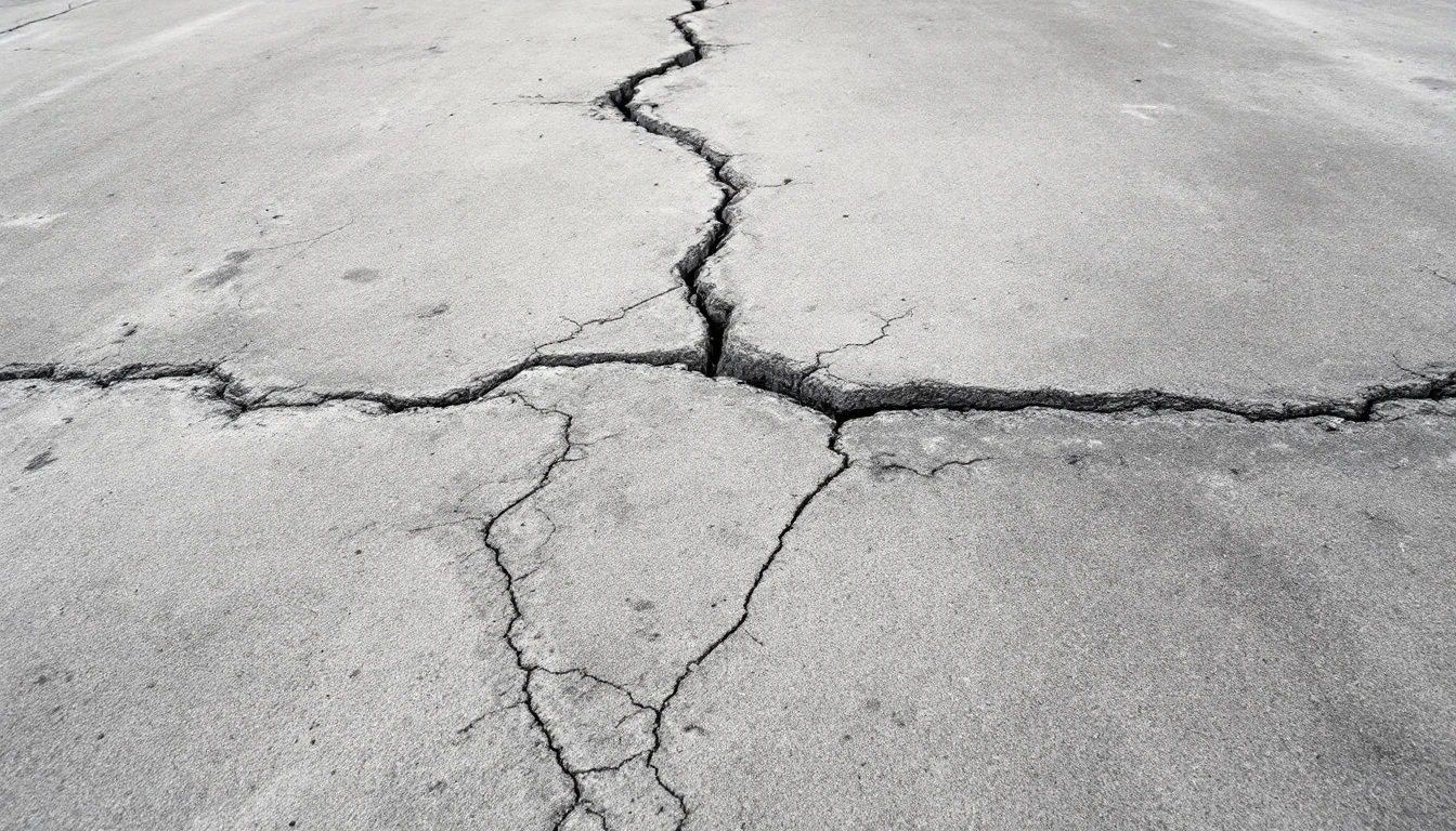 Settlement crack running across a weathered concrete slab close view