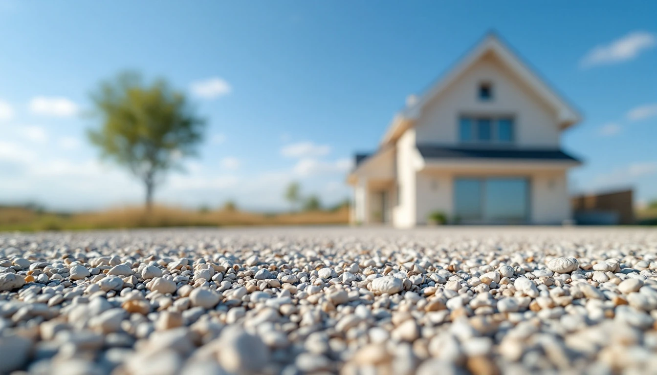 Crushed shell and gravel frontage in bright midday light