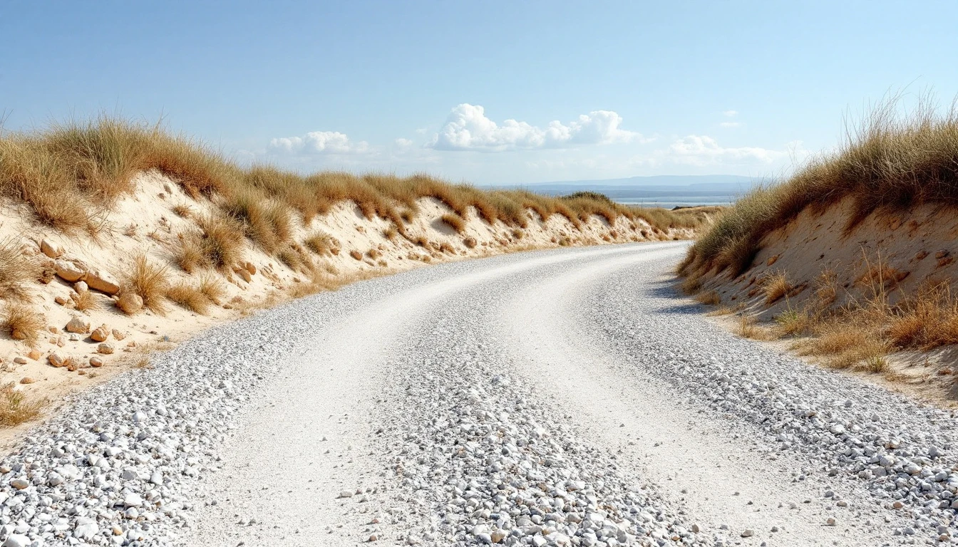 Crushed shell gravel drive with sandy verges under bright midday sun