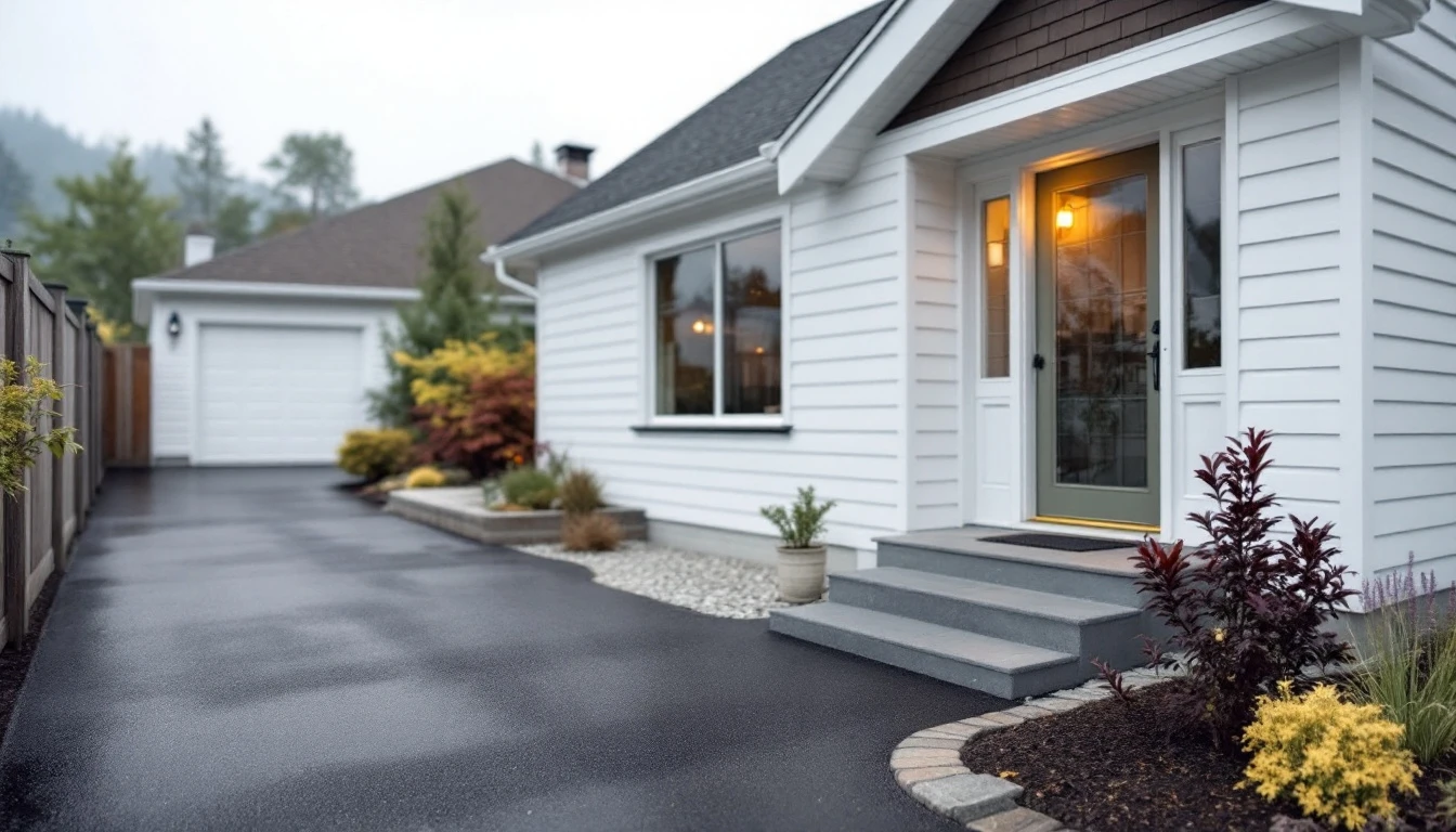 Short sealed asphalt drive beside a modest clapboard home on gray day