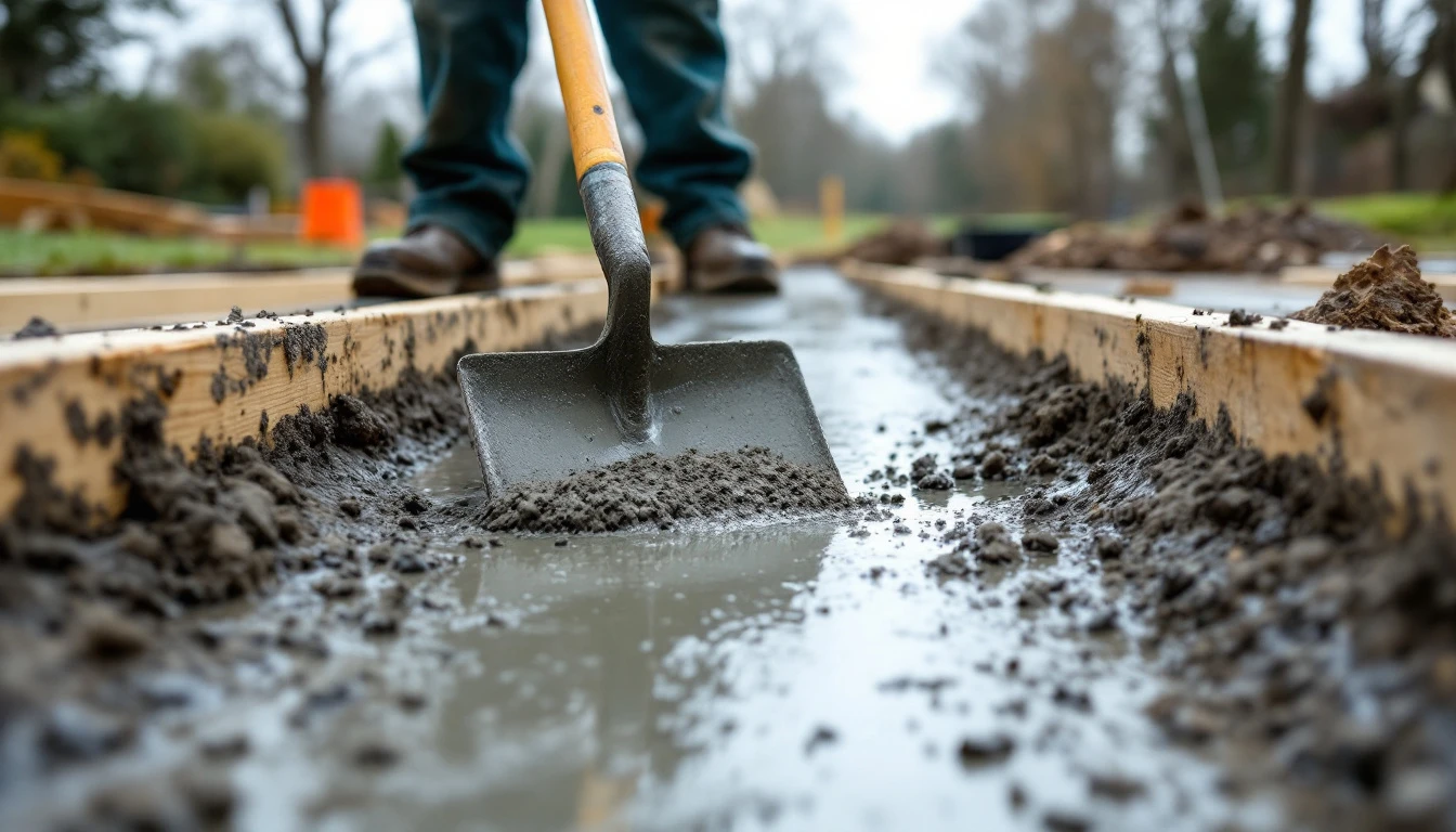 Shovel spreading wet concrete between forms on a gray day