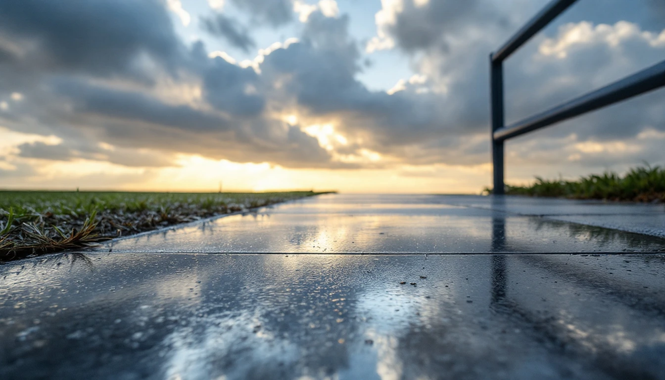 Cloudy sky reflected across a rain damp sealed concrete drive