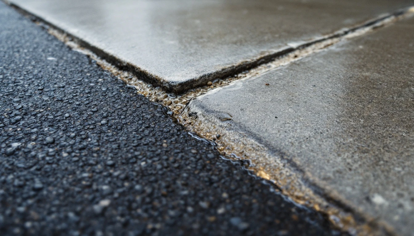 Close view of the seam where a concrete slab meets blacktop