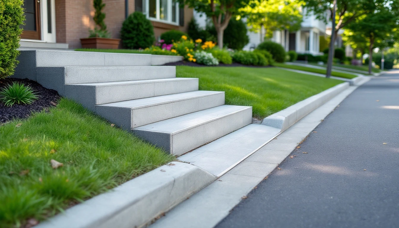 Sloped concrete apron passing through curb to the street