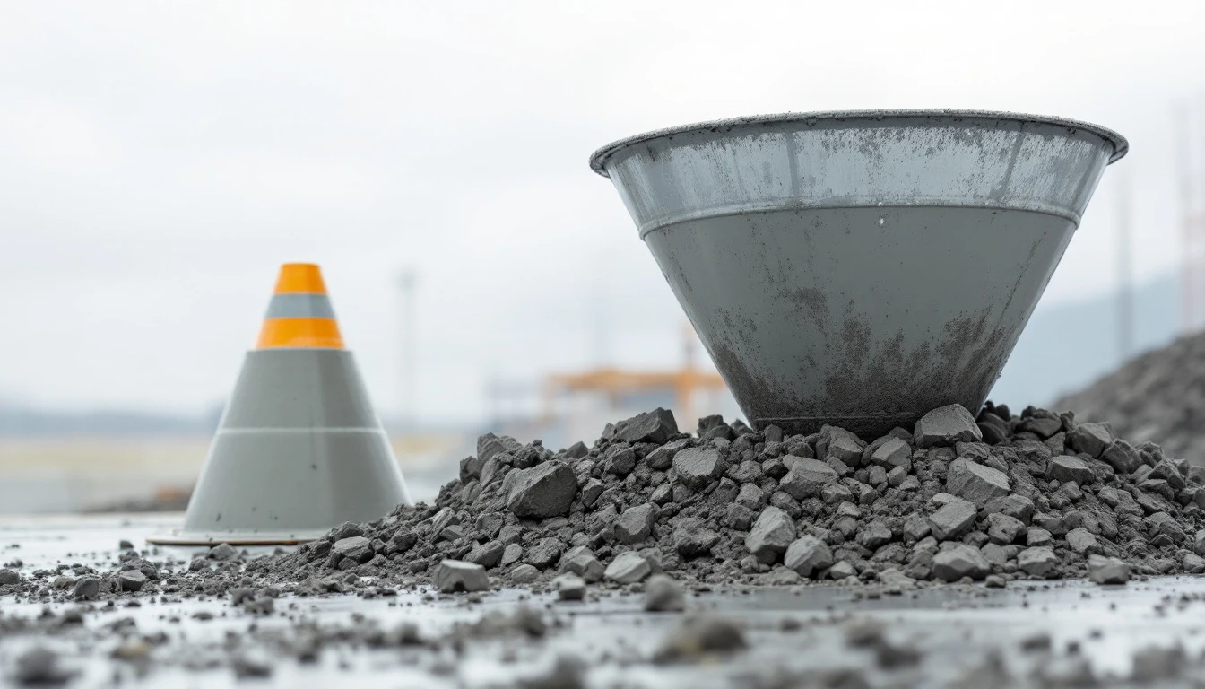 Slump cone beside a settled mound of fresh concrete on a slab