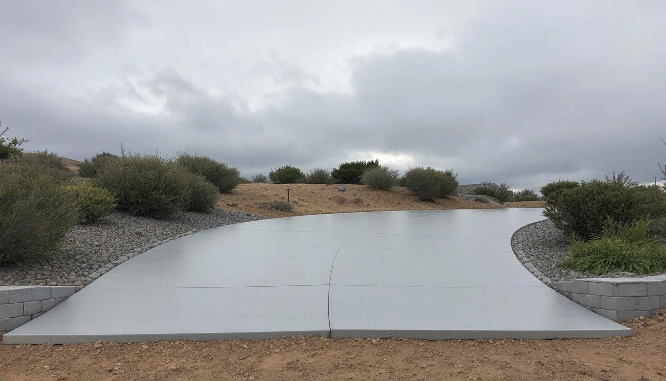 Smooth new concrete drive under an overcast sky beside shrubs