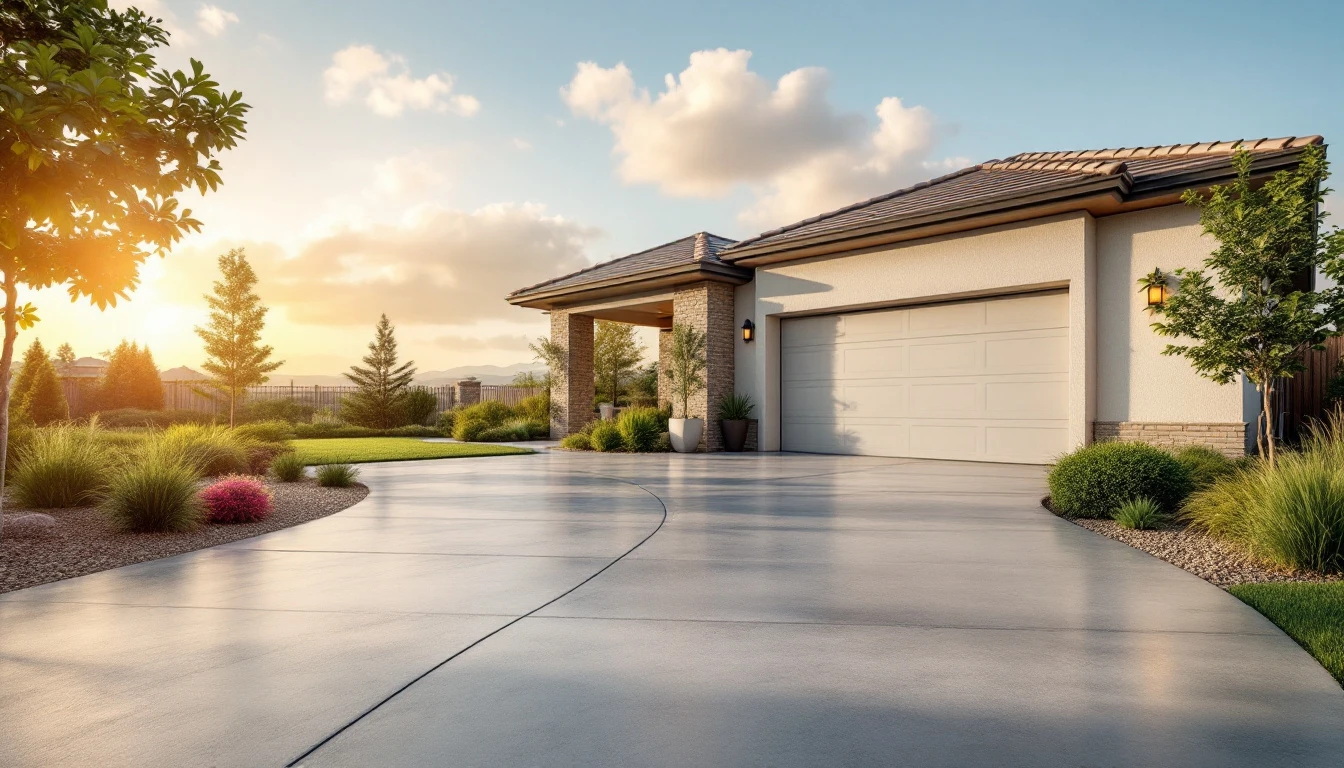 Smooth concrete driveway leading to a suburban garage on a sunny day