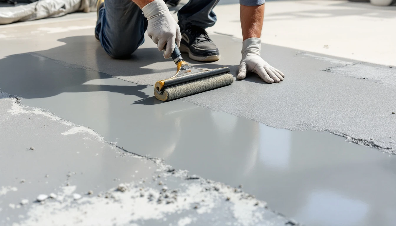 Smooth gray overlay being spread across an aged concrete slab
