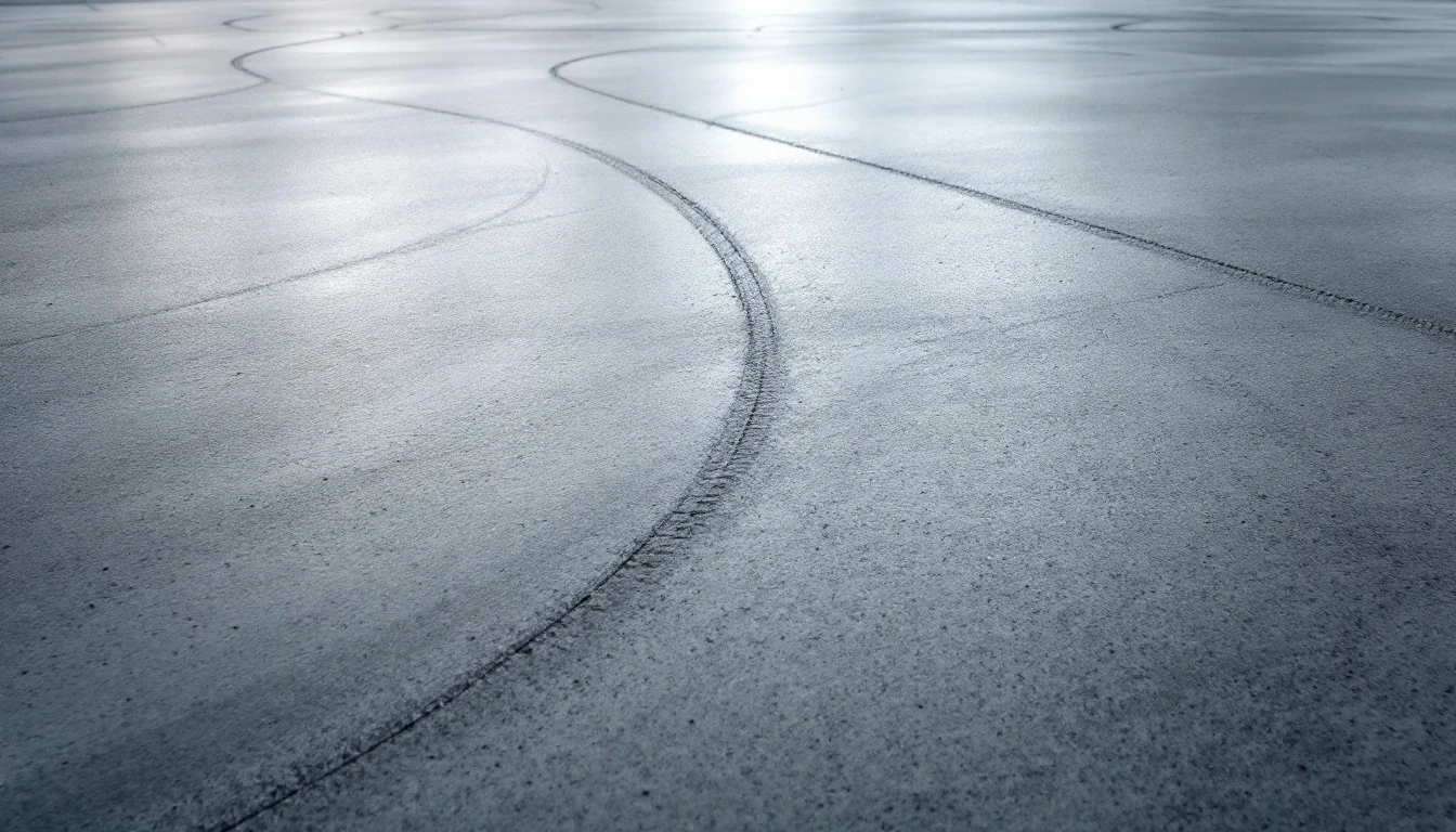 Smooth troweled concrete surface with fine arc marks under soft light