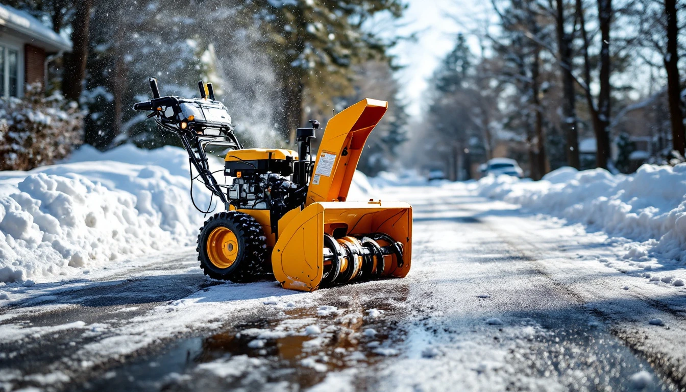 Snow blower resting on a partly cleared asphalt drive