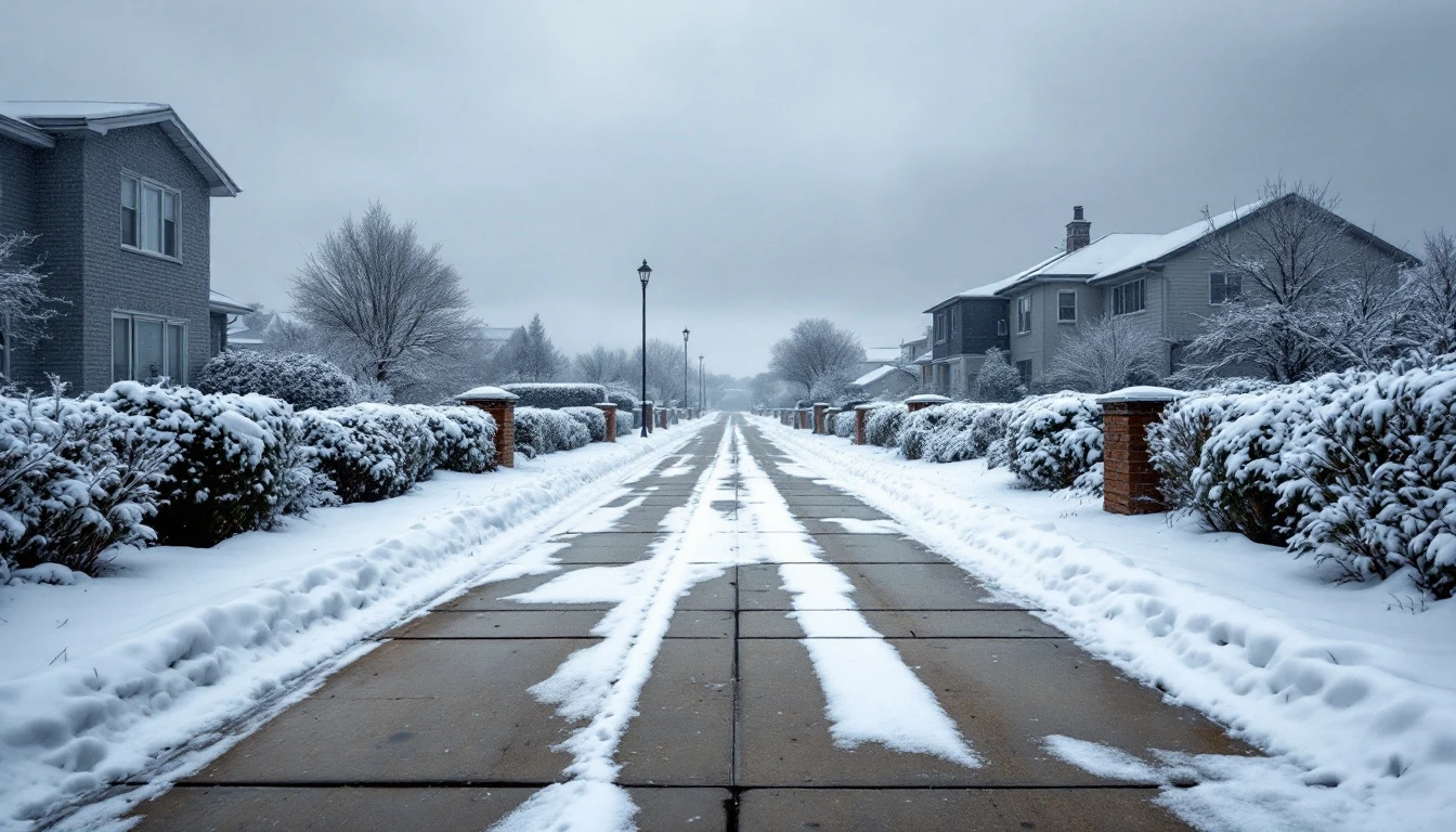 Snow lined concrete drive under a flat gray sky