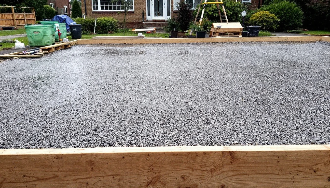 Rain soaked gravel base between wooden form boards awaiting paving