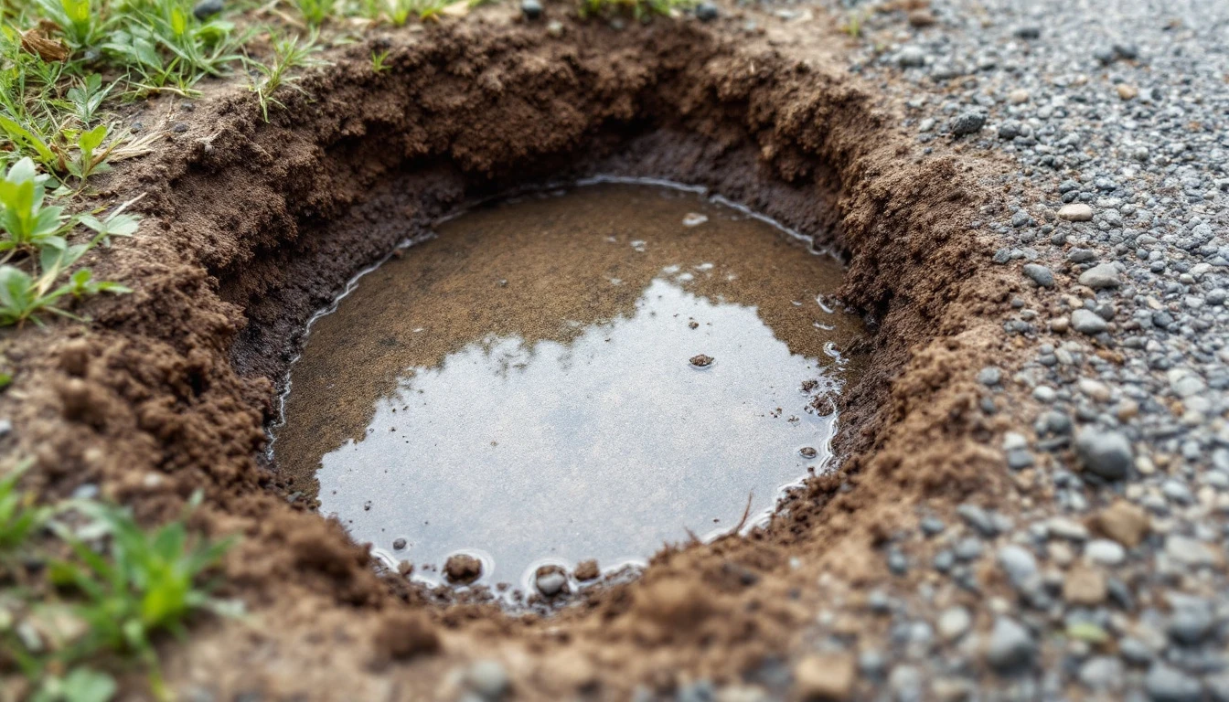 Water-filled soil test hole beside a gravel driveway edge