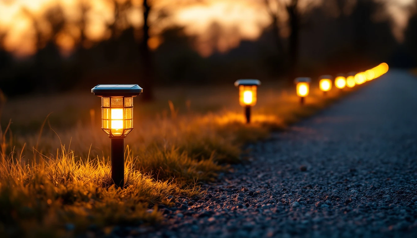 Solar capped post lights glowing along a gravel lane edge
