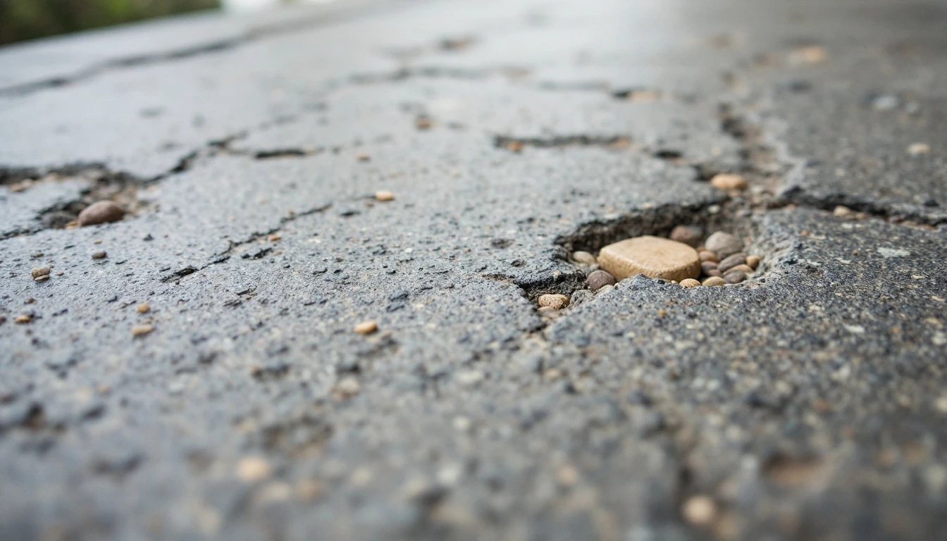 Spalled and pitted concrete surface showing exposed small stones