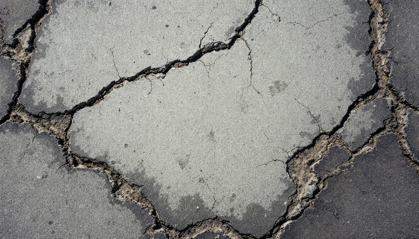 Spalled and pitted concrete slab with deep cracks and crumbling edges