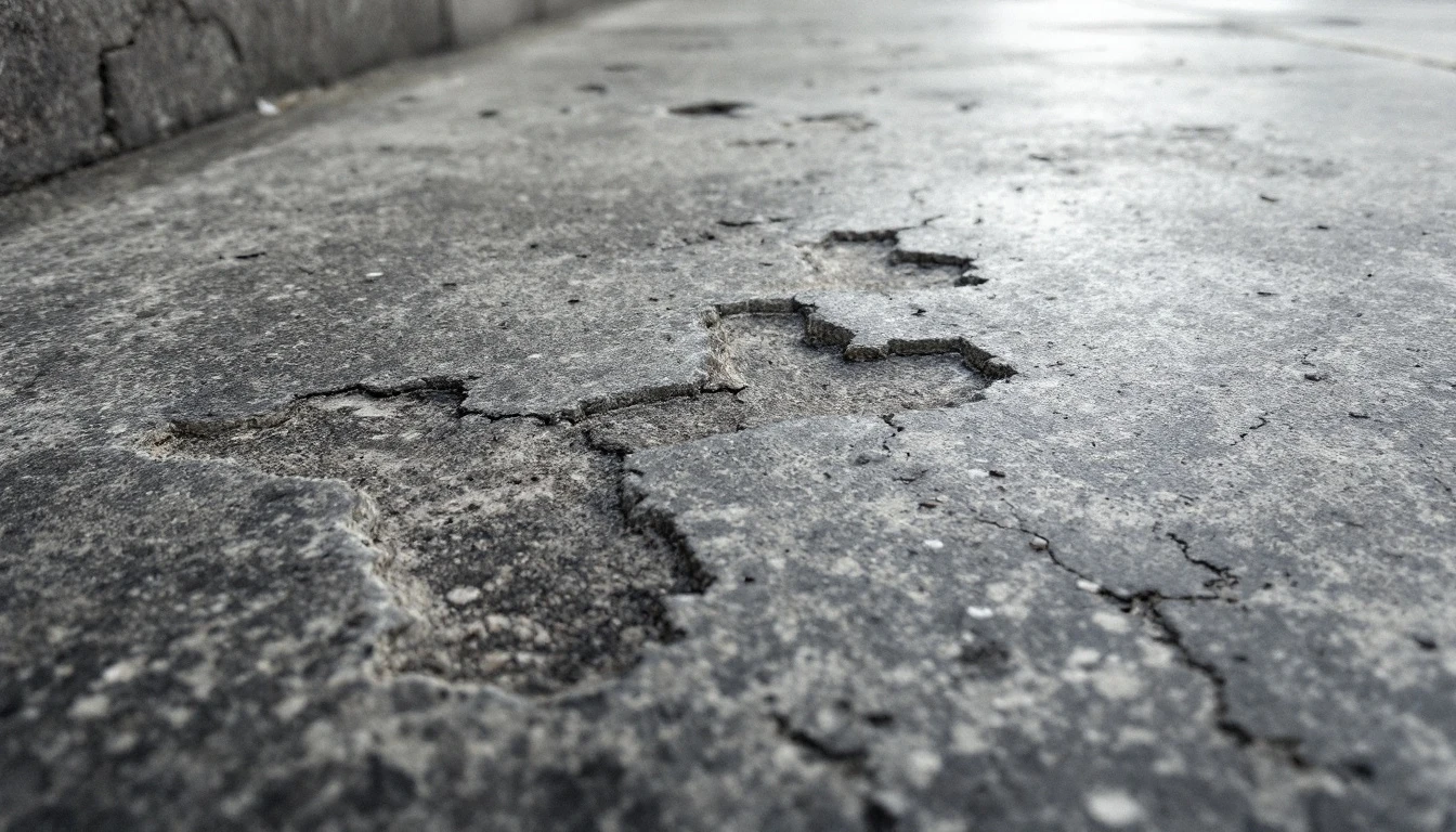 Spalled concrete surface with flaked pits and exposed fine aggregate