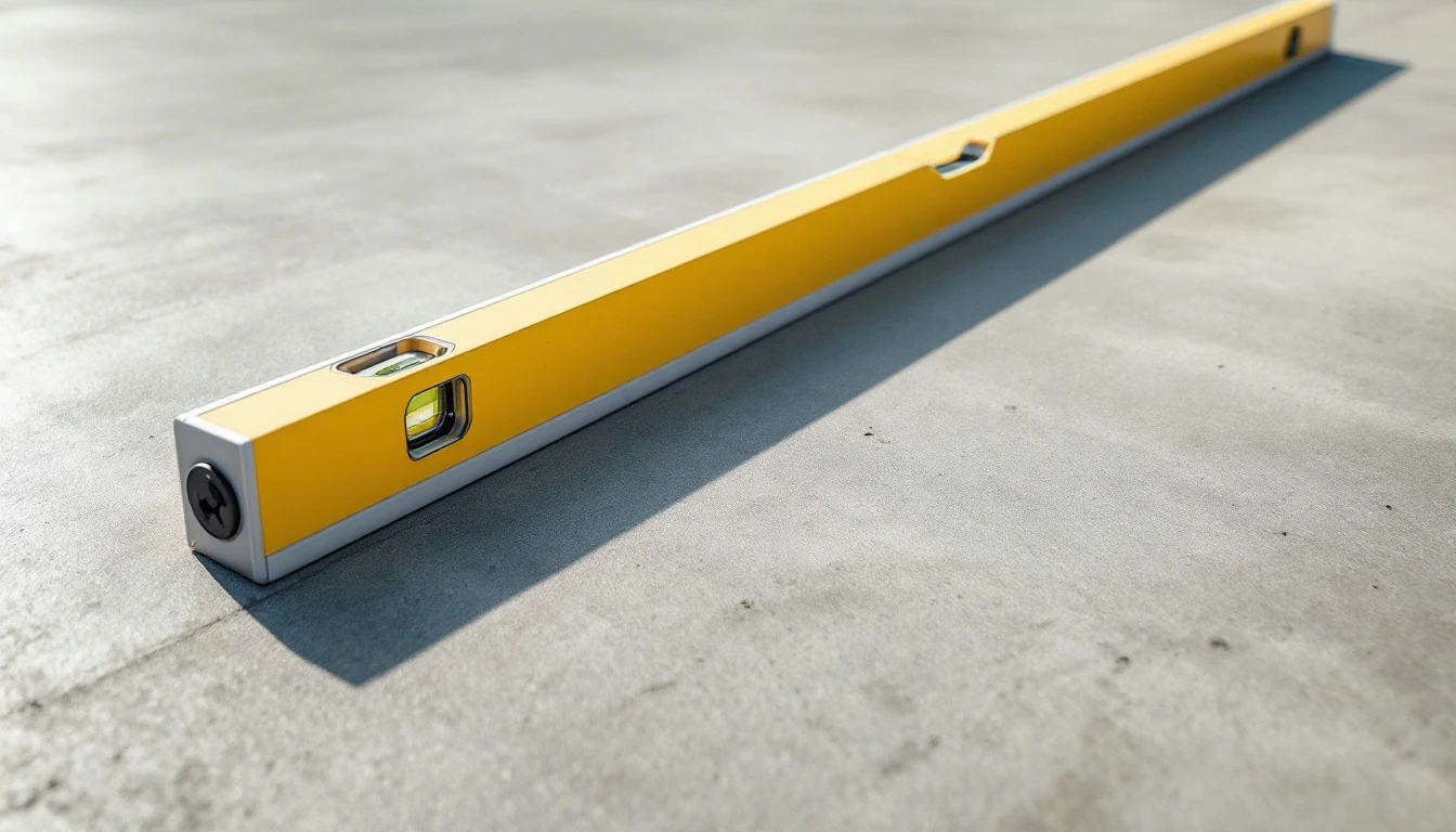 Long level resting across a smooth new concrete slab surface