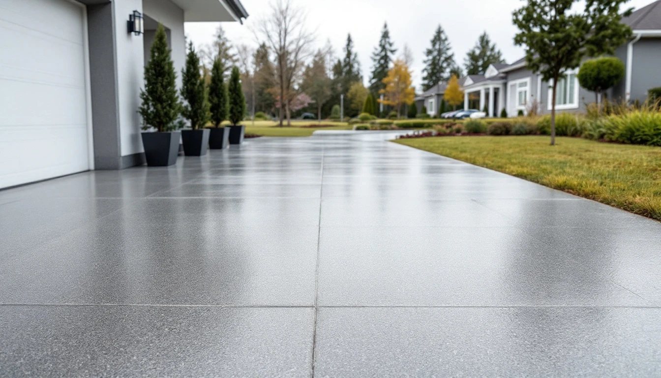 Spotless new concrete driveway leading toward a modest home entrance