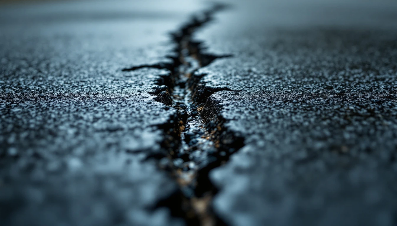 Spreading crack across a rain darkened asphalt driveway surface