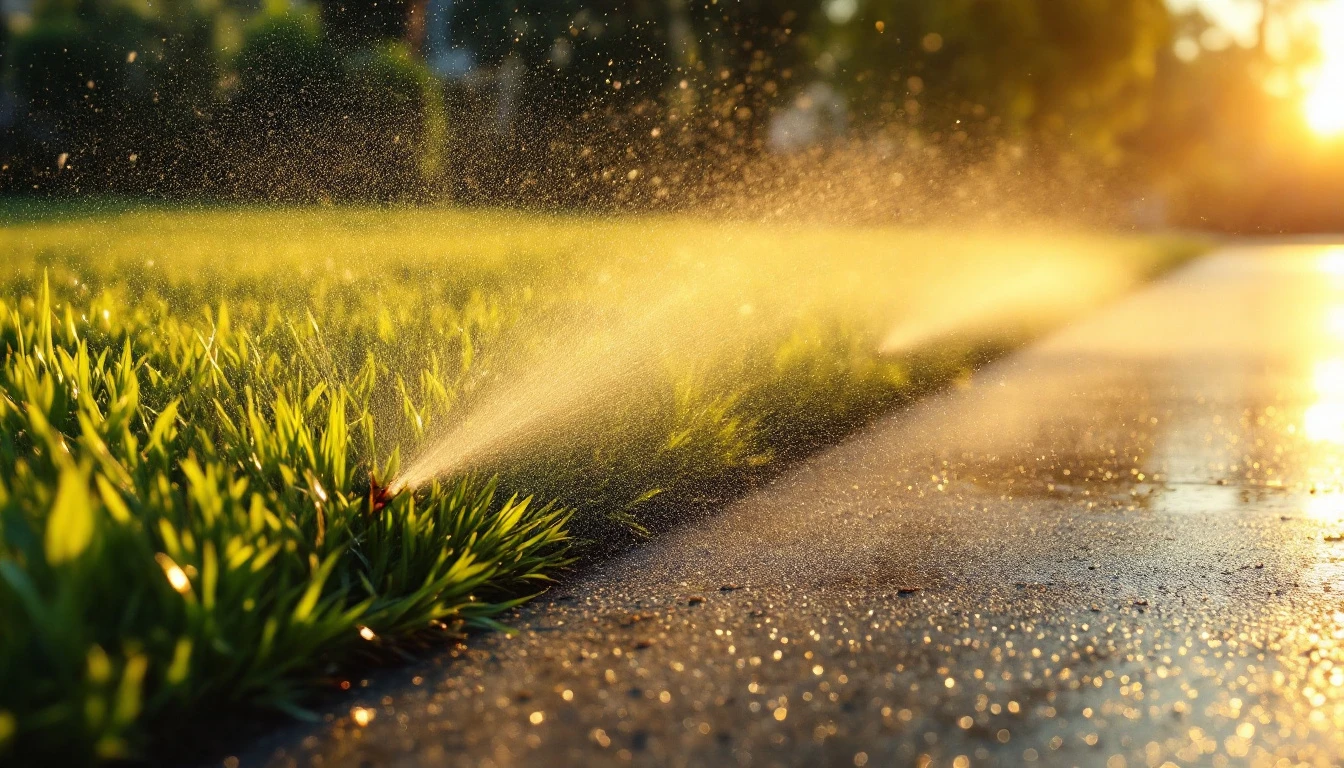 Sprinkler mist drifting over the lawn edge beside a concrete drive