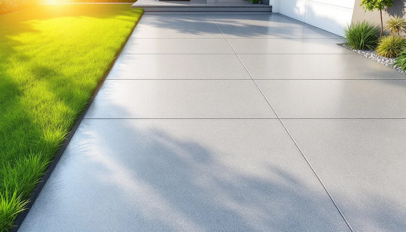 Squared new concrete slab with clean lines beside bright lawn