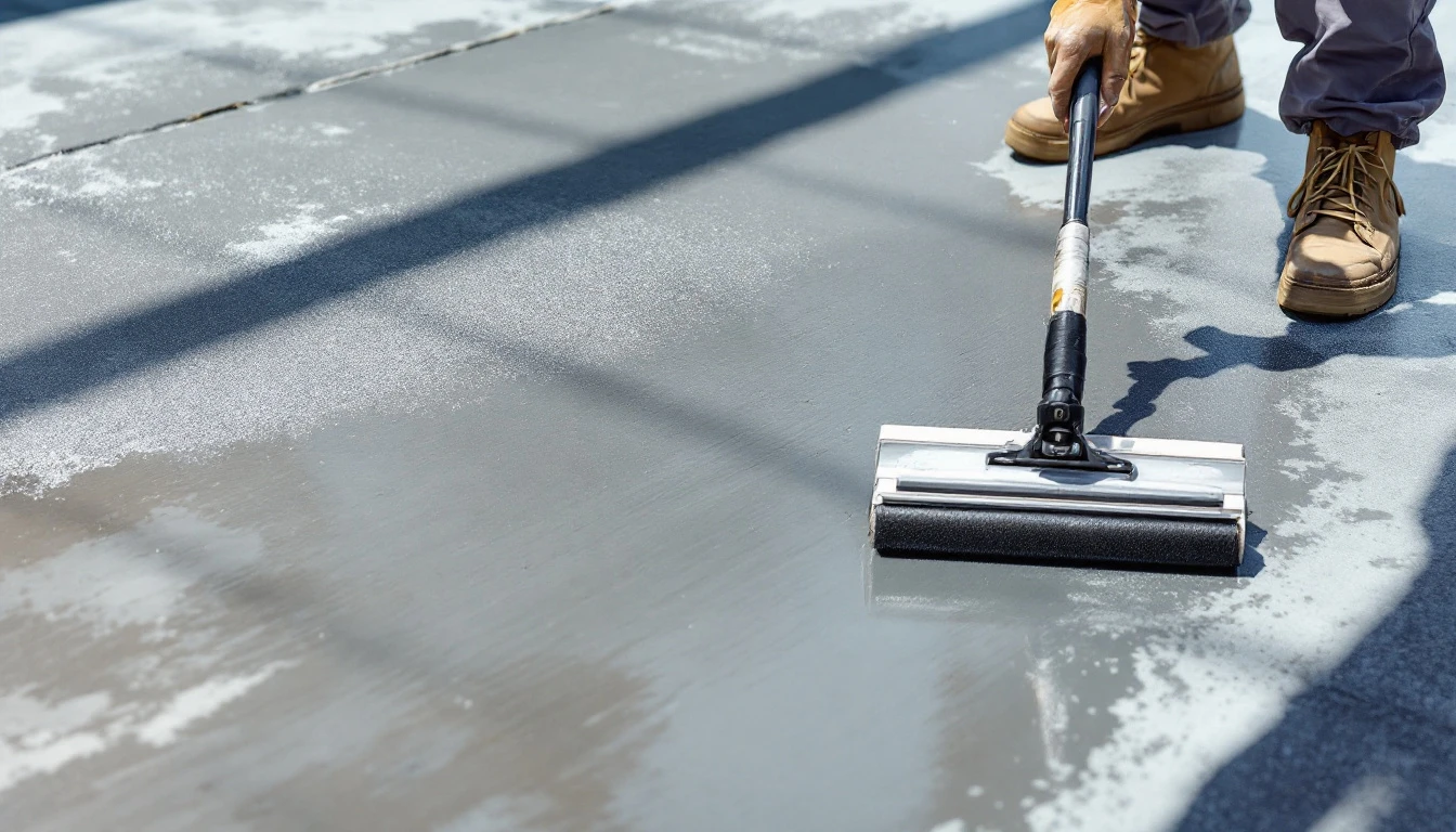 Fresh gray coating skimmed over a weathered concrete slab