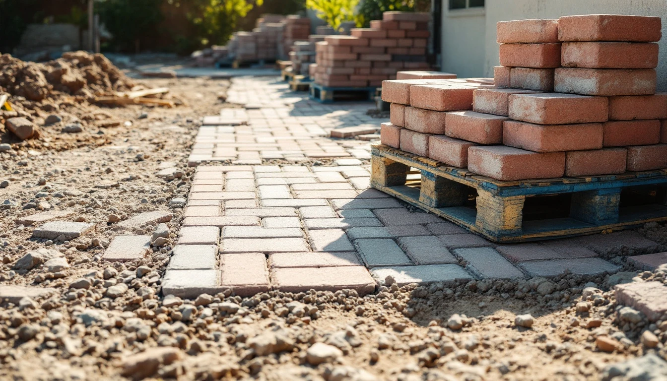 Pallets of pavers stacked beside an unfinished gravel base