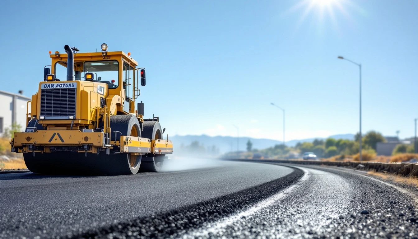 Paving equipment staged beside a freshly laid asphalt surface