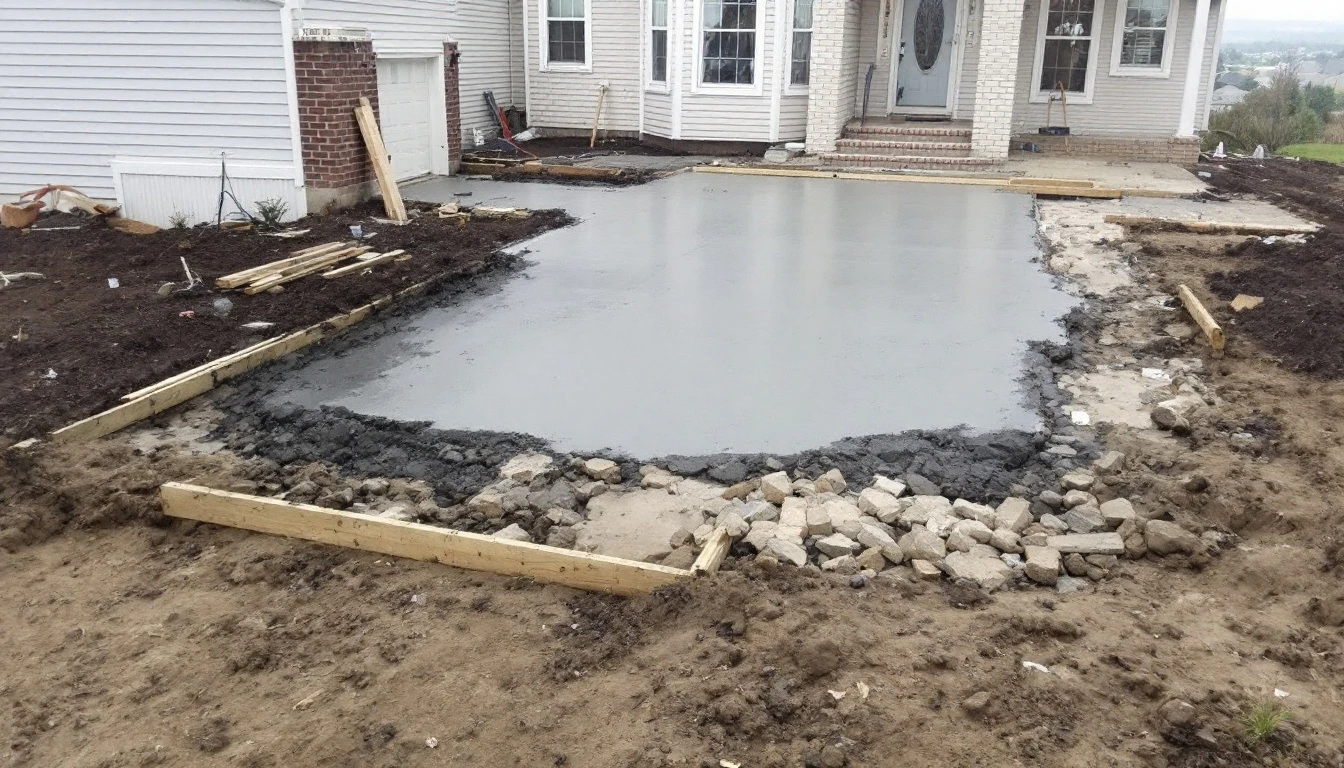 Partly poured concrete slab between wooden forms under an overcast sky