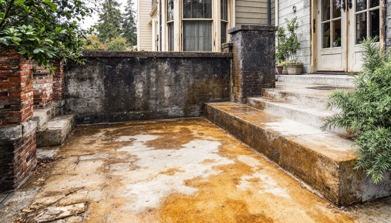 Stained weathered concrete frontage beneath a heavy gray sky