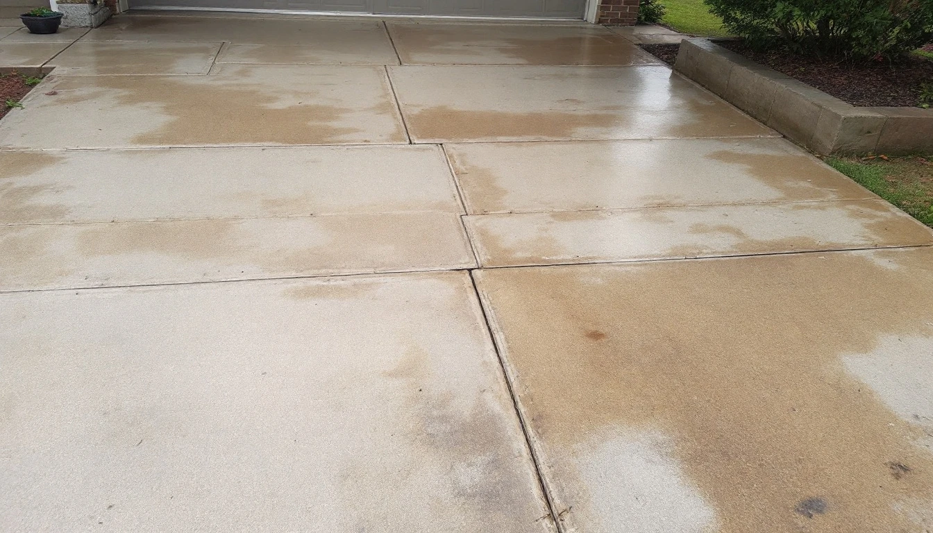 Stained weathered driveway with uneven settled concrete panels