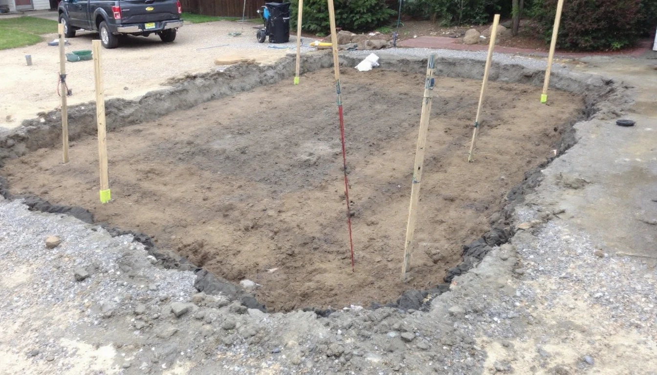 Excavated drive bed with grade stakes and string lines awaiting base stone