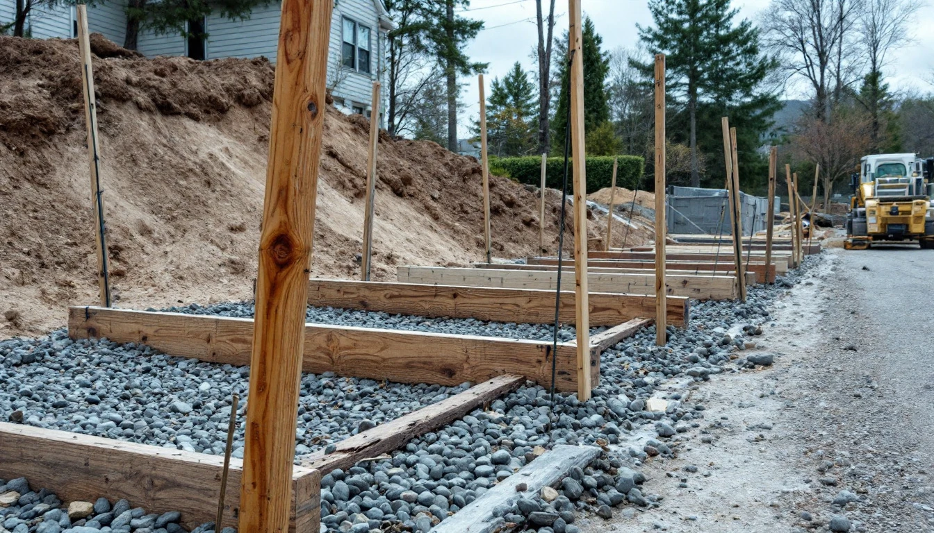 Staked wooden forms set along the edge of a gravel drive bed