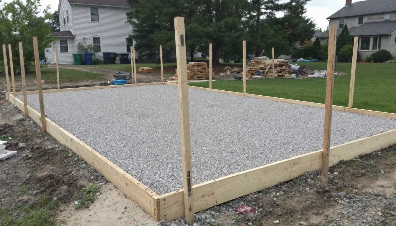 Compacted gravel driveway base framed by wooden form boards and grade stakes
