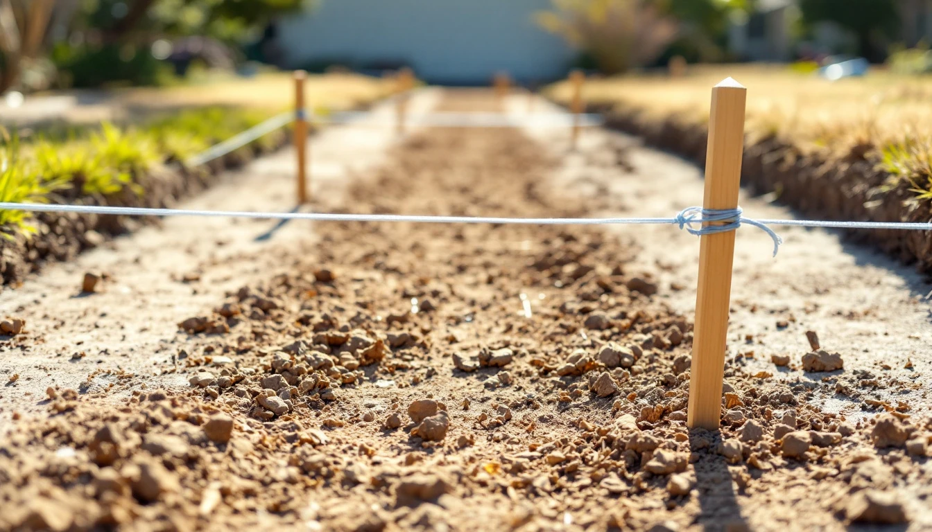 Stakes and string marking a driveway footprint across a bare front lawn