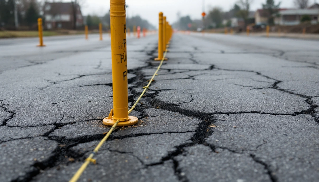 Stakes and string marking sections across cracked asphalt surface