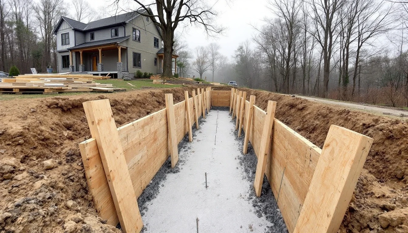 Wooden form boards staked along an excavated driveway outline