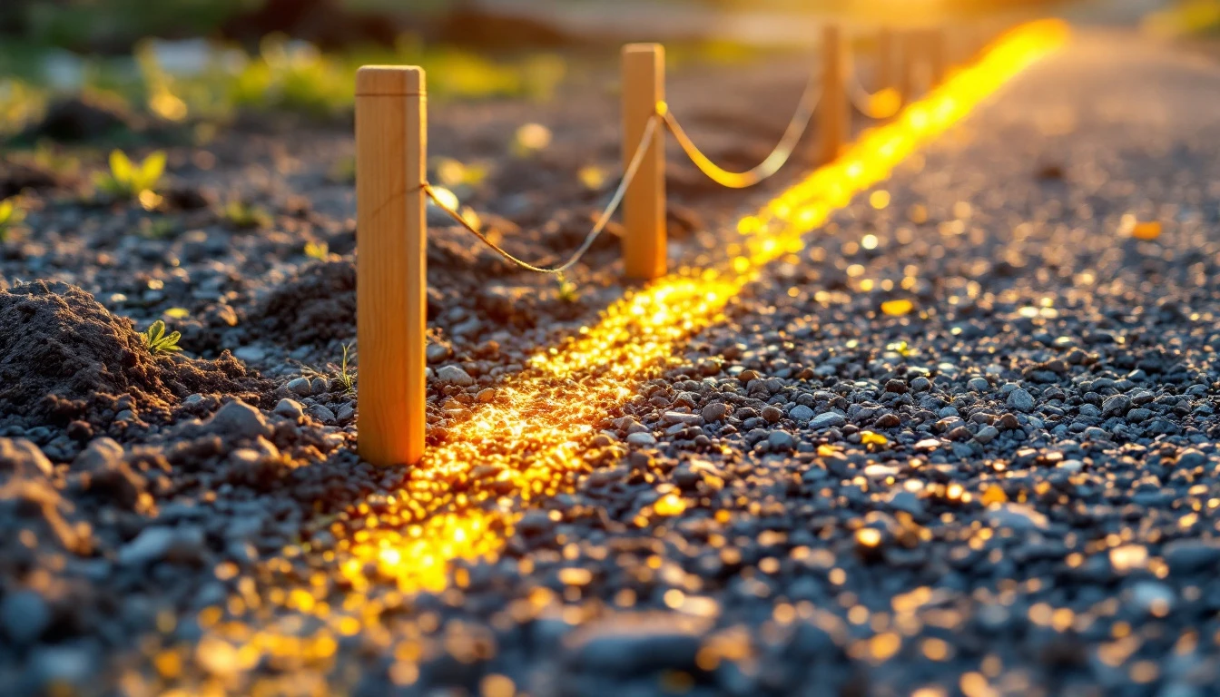 Stakes and bright string lines marking a planned driveway corner at dawn